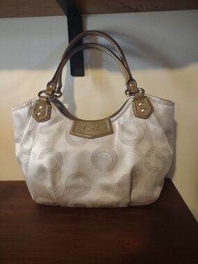 Coach White and Taupe Signature Satchel